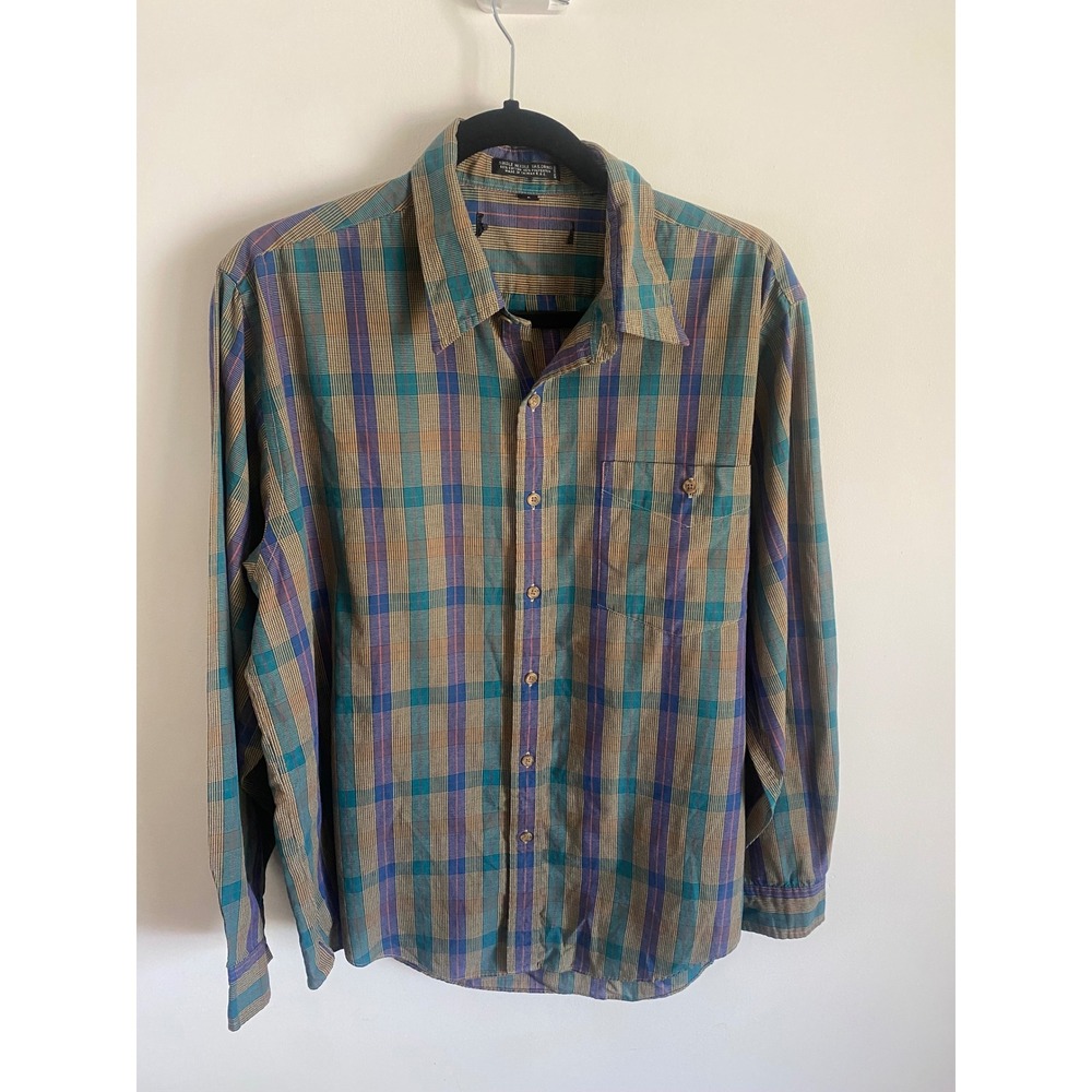 Vintage Single Needle Tailoring Plaid Button Down Shirt Mens Large Teal Purple